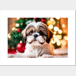 Cute Shih Tzu Christmas Puppy Posters and Art